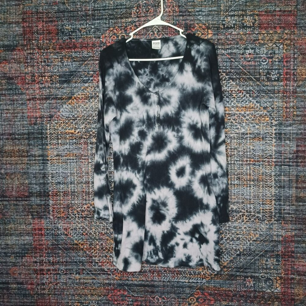 PINK Victorias Secret womens black white tie died snap thermal henley dress XL